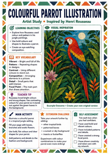 Henri Rousseau Colourful Parrot Illustration | KS3 Colour & Pattern Art Worksheet