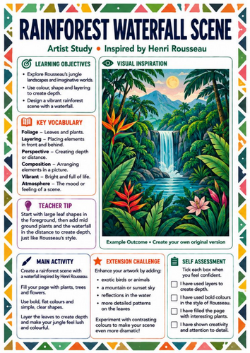 Henri Rousseau Rainforest Waterfall Worksheet | KS3 Landscape Art & Perspective
