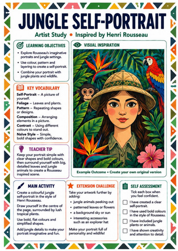 Henri Rousseau Jungle Self-Portrait Worksheet | KS3 Portrait & Artist Study Lesson