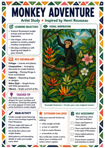 Henri Rousseau Monkey Adventure Worksheet | KS3 Jungle Art & Composition Lesson
