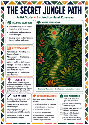 Henri Rousseau Secret Jungle Path Worksheet | Perspective & Depth KS3 Art Lesson