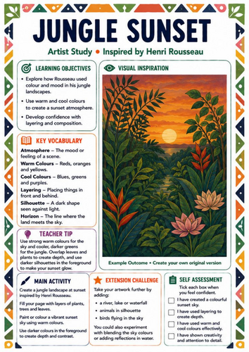 Henri Rousseau Jungle Sunset Worksheet | Warm & Cool Colours KS3 Art Lesson