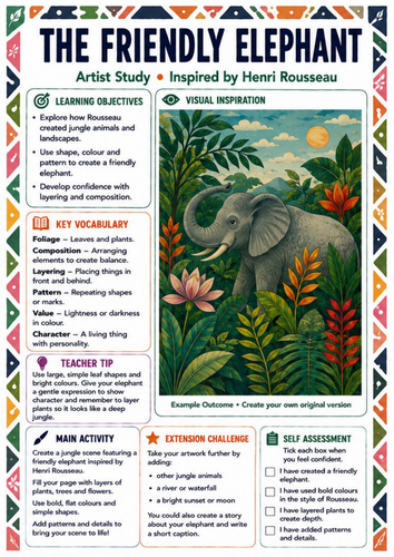 Henri Rousseau Friendly Elephant Worksheet | KS3 Jungle Animal Art Lesson