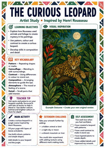 Henri Rousseau Curious Leopard Worksheet | KS3 Jungle Animal Art Lesson