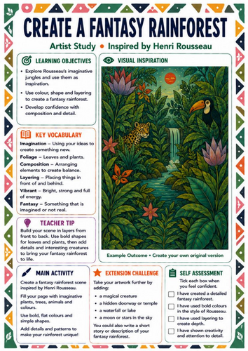 Henri Rousseau Fantasy Rainforest Worksheet | KS3 Imaginative Art Lesson