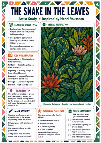 Henri Rousseau Snake in the Leaves Worksheet | Camouflage & Pattern KS3 Art