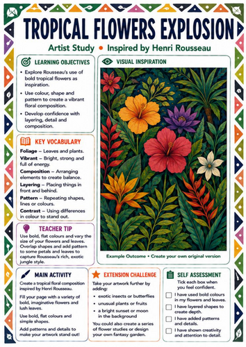 Henri Rousseau Tropical Flowers Explosion | KS3 Colour & Pattern Art Worksheet