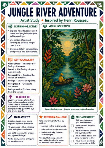 Henri Rousseau Jungle River Adventure Worksheet | KS3 Landscape Art Lesson