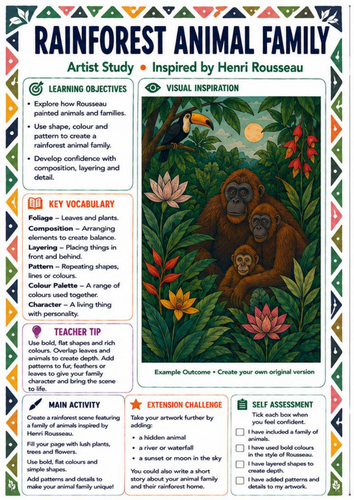 Henri Rousseau Rainforest Animal Family Worksheet | KS3 Jungle Art Lesson