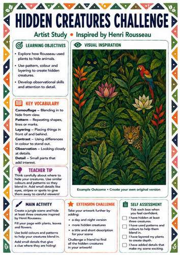 Henri Rousseau Hidden Creatures Challenge | KS3 Camouflage Art Worksheet