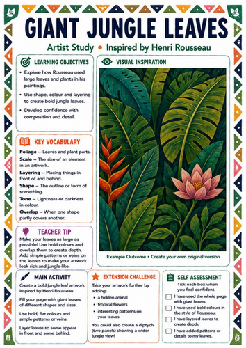 Henri Rousseau Giant Jungle Leaves Worksheet | KS3 Foliage & Pattern Art Lesson