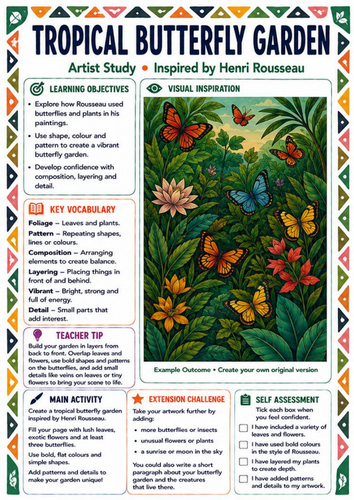 Henri Rousseau Tropical Butterfly Garden | KS3 Colour & Pattern Art Worksheet