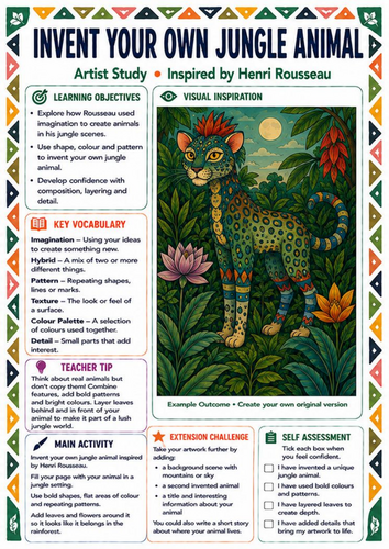 Henri Rousseau Invent Your Own Jungle Animal | KS3 Creative Art Worksheet