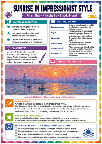 Claude Monet Sunrise Art Worksheet | Impressionism Colour & Light KS3 Art Lesson
