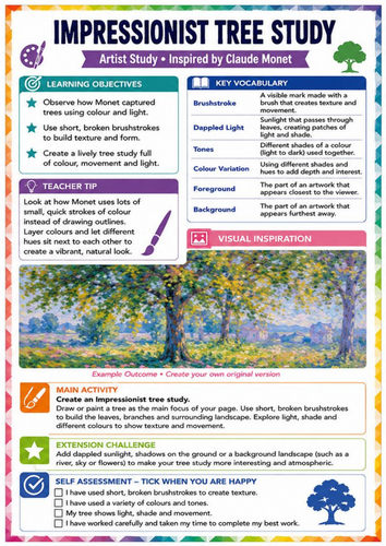 Claude Monet Impressionist Tree Study Worksheet | Brushstrokes & Colour KS3 Art