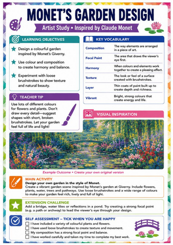 Claude Monet Garden Design Art Worksheet | Impressionism KS3 Art Activity