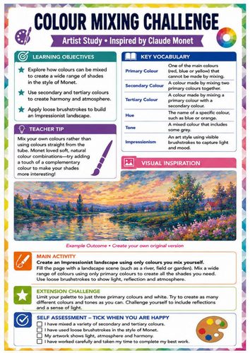 Claude Monet Colour Mixing Challenge Worksheet | Colour Theory KS3 Art Lesson