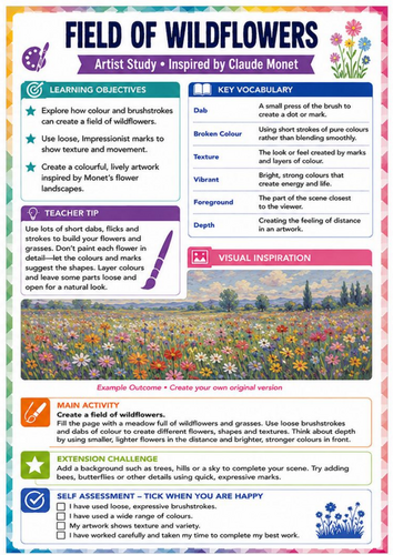 Claude Monet Wildflower Field Art Worksheet | Impressionist Landscape KS3 Art