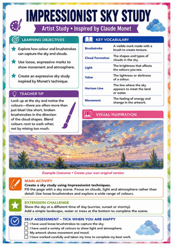 Claude Monet Impressionist Sky Study Worksheet | Colour & Brushwork KS3 Art