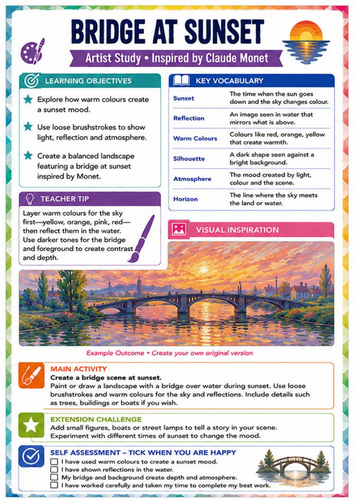 Claude Monet Bridge at Sunset Worksheet | Warm Colours & Reflections KS3 Art