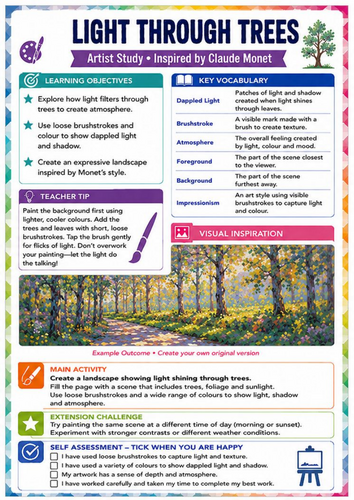 Claude Monet Light Through Trees Worksheet | Dappled Light KS3 Art Lesson