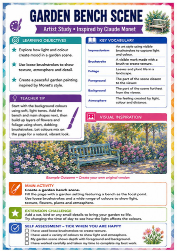 Claude Monet Garden Bench Scene Worksheet | Impressionist Garden KS3 Art