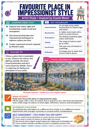 My Favourite Place Impressionist Worksheet | Claude Monet KS3 Art Activity