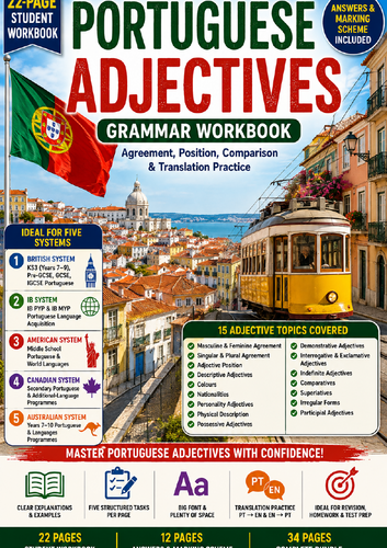 Portuguese Adjectives Grammar Workbook | KS3, Pre-GCSE, IGCSE, IB PYP/MYP, US/Canada & Australian Cu