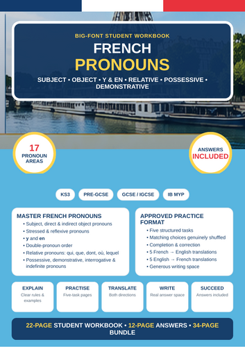 French Pronouns Grammar Workbook | KS3, GCSE/IGCSE, AS/A Level, IB French B SL/HL & Ab Initio + Answ