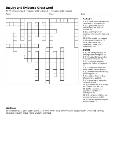 MYP Science Crossword Printable