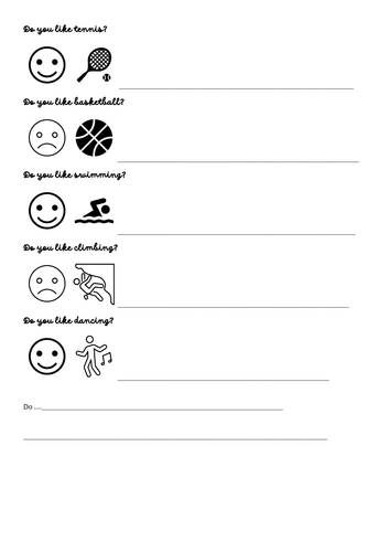 TEFL likes and dislikes sports worksheet answering questions