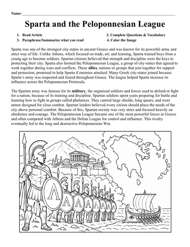 Sparta and the Peloponnesian League Worksheet