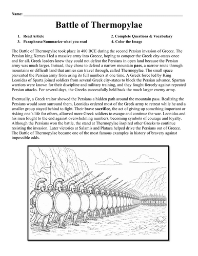 Battle of Thermopylae Worksheet
