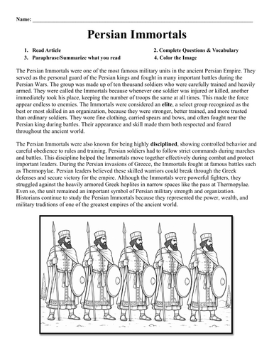 Persian Immortals Worksheet