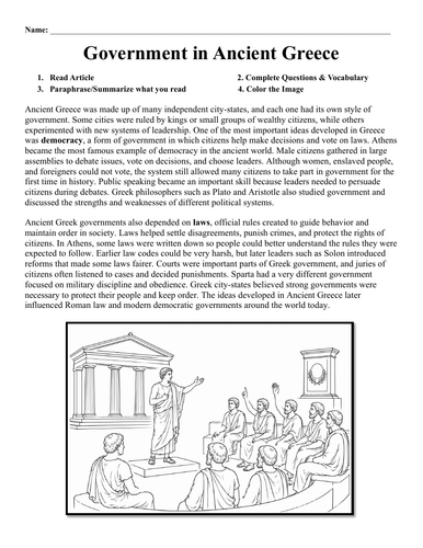 Government in Ancient Greece Worksheet