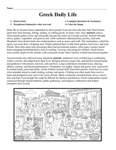 Greek Daily Life Worksheet