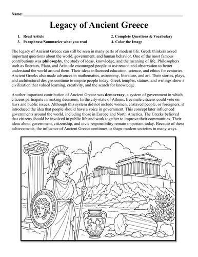 Legacy of Ancient Greece Worksheet