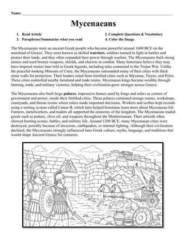Mycenaeans Worksheet