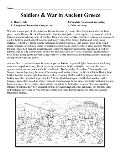 Soldiers & War in Ancient Greece Worksheet