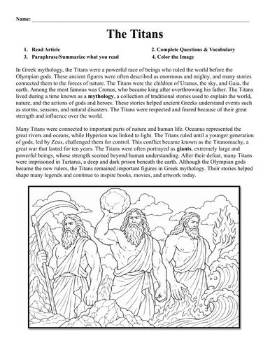 The Greek Titans Worksheet