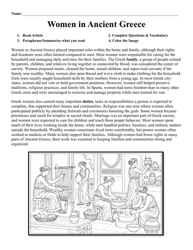 Women in ancient Greece Worksheet
