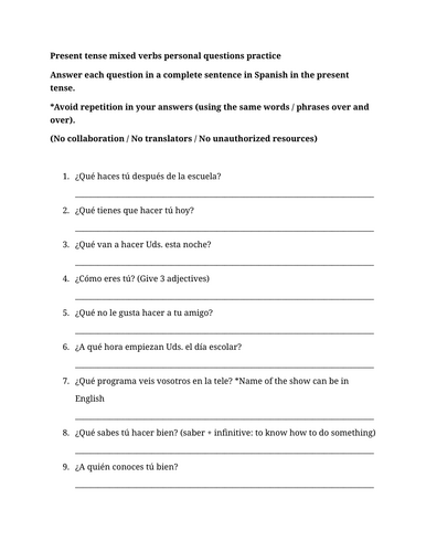 Present tense mixed verbs personal questions practice