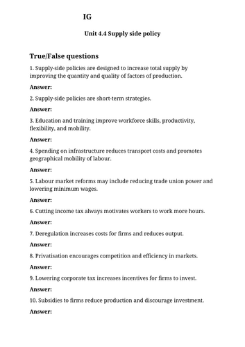 IG Econ Unit 4.4 Supply side policy worksheet