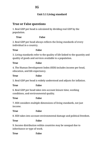 IG Econ Unit 5.1 Living standard wowrksheet