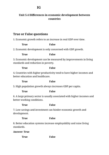 IG Econ Unit 5.4 Differences in economic development between countr