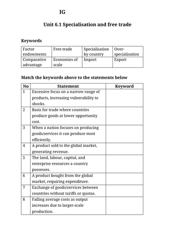 IG Econ Unit 6.1 Specialisation and free trade