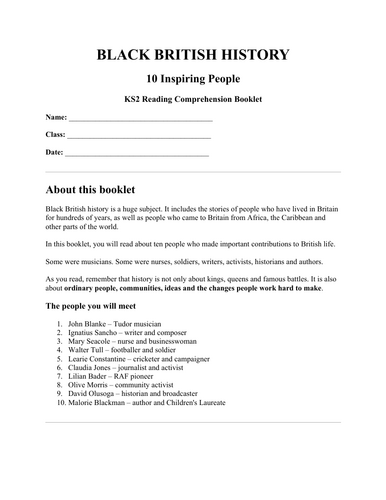 Black British History Reading Comprehension Booklet | KS2 | 10 Inspiring People