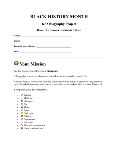 Black History Month KS2 Biography Project | Black History Research & Presentation
