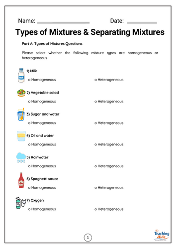 Types of Mixtures & Separating Mixtures | Chemistry Worksheet