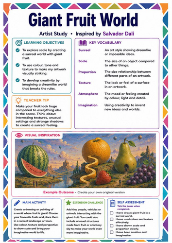 Giant Fruit World Drawing Worksheet | Salvador Dalí Surrealism KS3 Art